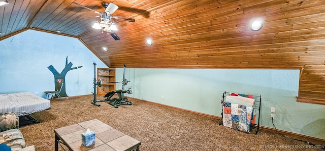 interior space with carpet flooring, lofted ceiling, ceiling fan, and wooden ceiling