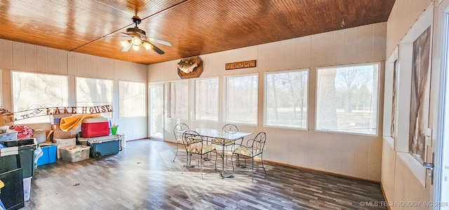 sunroom / solarium featuring ceiling fan and wooden ceiling