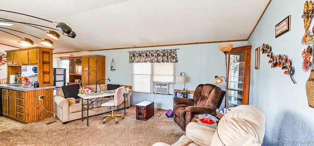 carpeted living room featuring vaulted ceiling, crown molding, cooling unit, and a textured ceiling