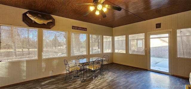 unfurnished sunroom featuring ceiling fan and wooden ceiling