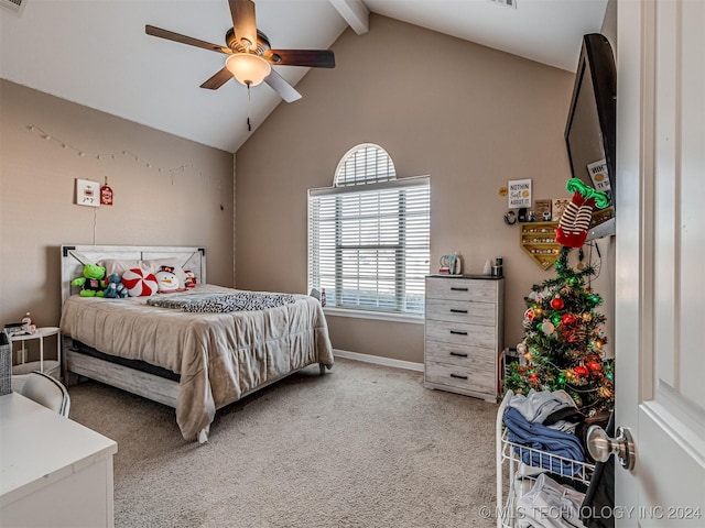 bedroom featuring beamed ceiling, ceiling fan, carpet floors, and high vaulted ceiling