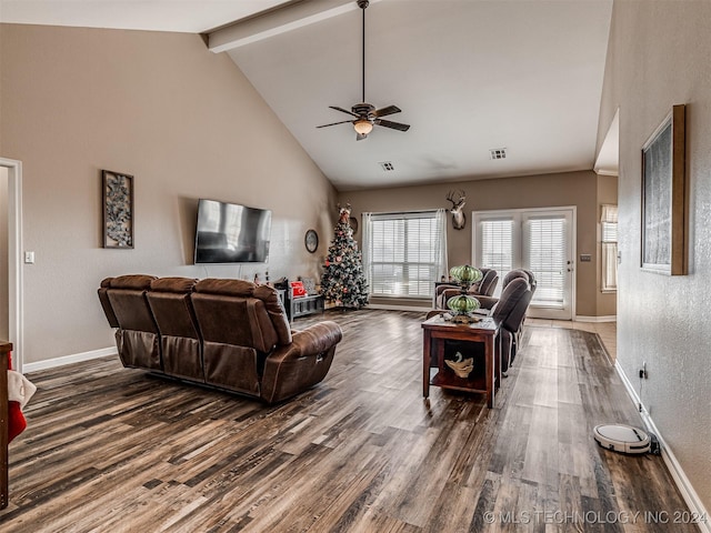 living room with beamed ceiling, dark hardwood / wood-style floors, ceiling fan, and high vaulted ceiling