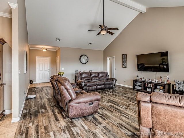 living room with high vaulted ceiling, crown molding, hardwood / wood-style flooring, ceiling fan, and beamed ceiling