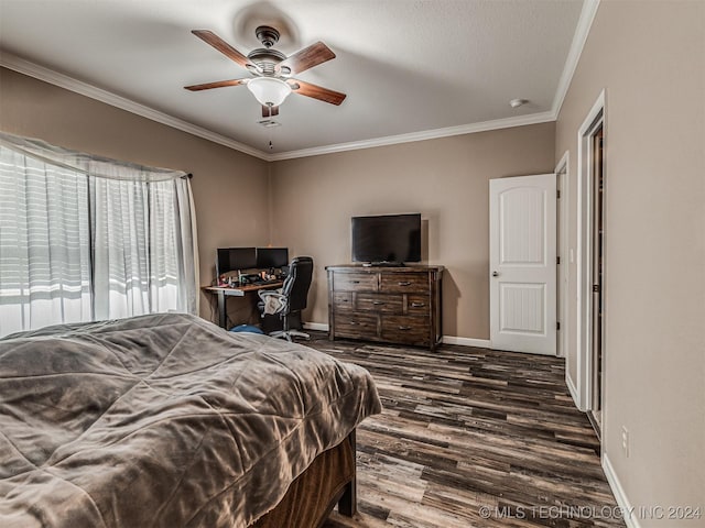 bedroom featuring a textured ceiling, ceiling fan, crown molding, and dark hardwood / wood-style floors