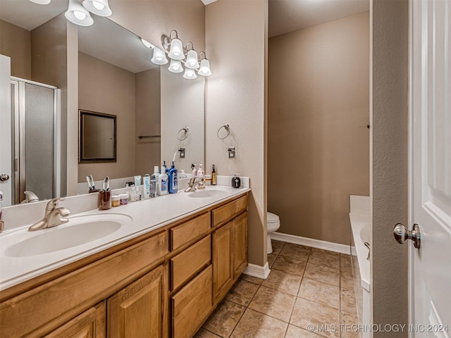 full bathroom with tile patterned flooring, vanity, toilet, and plus walk in shower