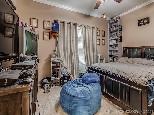 bedroom with ceiling fan, ornamental molding, and light carpet