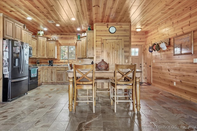 unfurnished dining area featuring wood walls, sink, and wooden ceiling