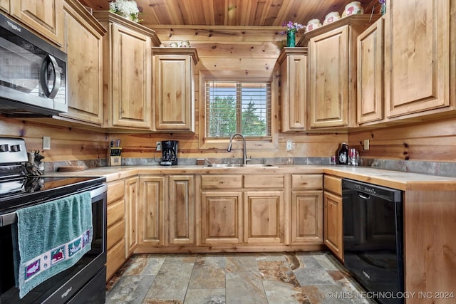 kitchen featuring sink, wooden ceiling, stainless steel appliances, and wooden walls