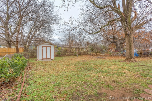 view of yard with a storage shed