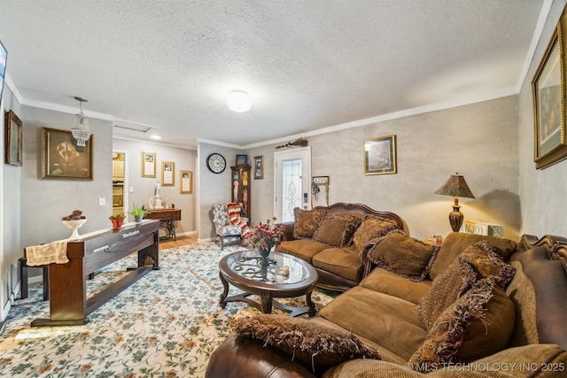 living room with a textured ceiling and ornamental molding