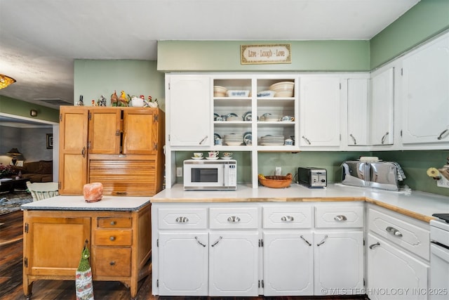 kitchen with dark hardwood / wood-style flooring and white cabinetry