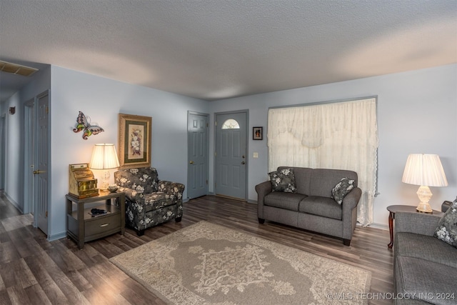 living room with a textured ceiling and dark wood-type flooring