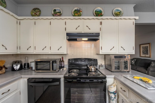 kitchen featuring white cabinets, a textured ceiling, tasteful backsplash, and black appliances