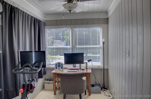 office space with carpet floors and wood walls