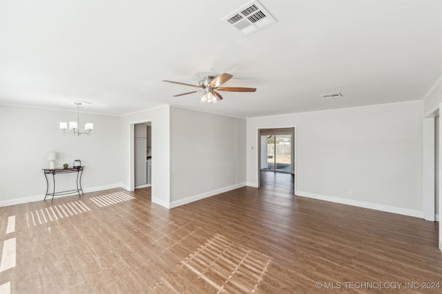 unfurnished living room featuring hardwood / wood-style floors, ceiling fan with notable chandelier, and ornamental molding