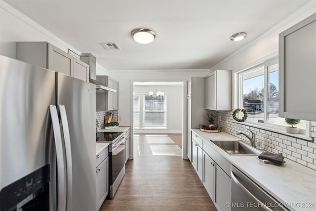 kitchen with gray cabinetry, sink, and stainless steel appliances