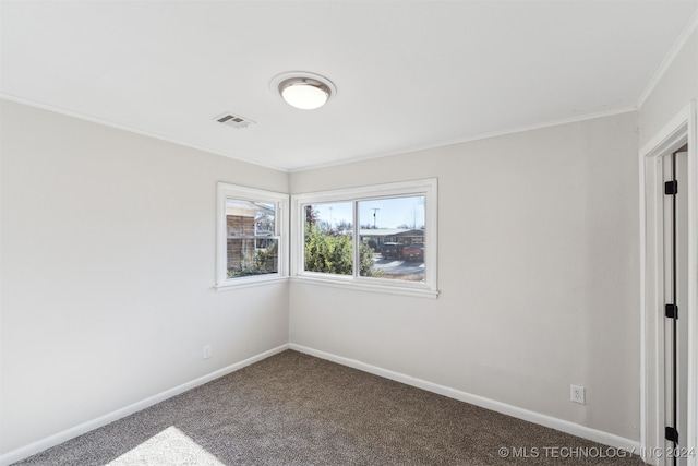 carpeted spare room featuring ornamental molding