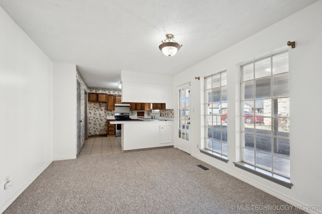 kitchen with kitchen peninsula, a textured ceiling, light colored carpet, extractor fan, and stainless steel range oven