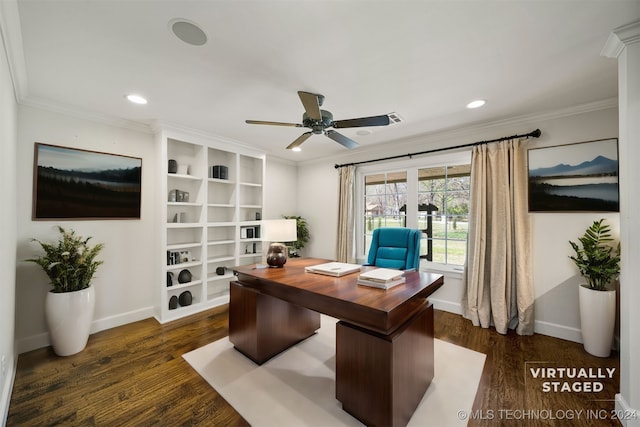 home office with dark hardwood / wood-style floors, ceiling fan, and crown molding