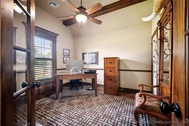 home office featuring vaulted ceiling and ceiling fan