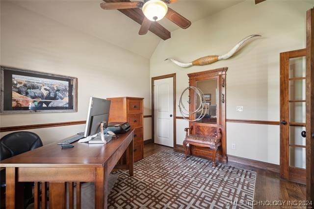 home office with vaulted ceiling, ceiling fan, and dark wood-type flooring