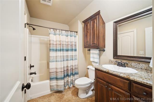 full bathroom featuring vanity, toilet, and shower / bathtub combination with curtain