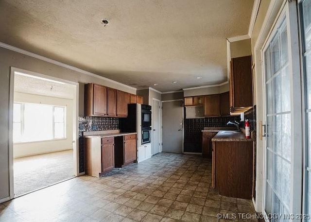 kitchen with ornamental molding, sink, double oven, and tasteful backsplash