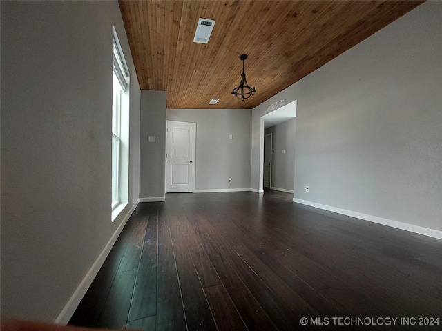 unfurnished room with a chandelier, dark wood-type flooring, plenty of natural light, and wooden ceiling