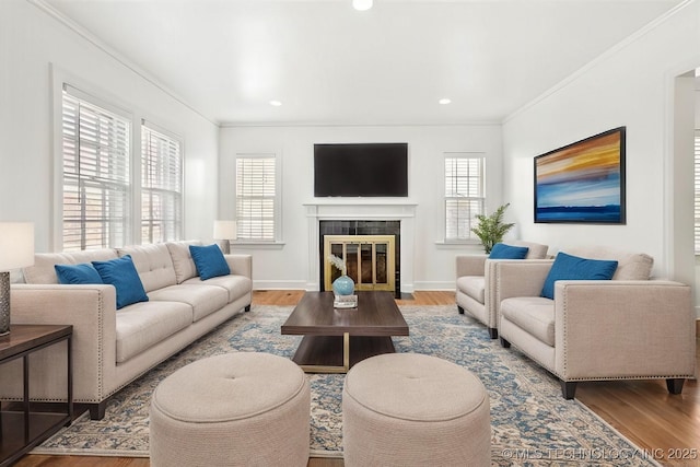 living room with hardwood / wood-style floors, ornamental molding, and a tile fireplace