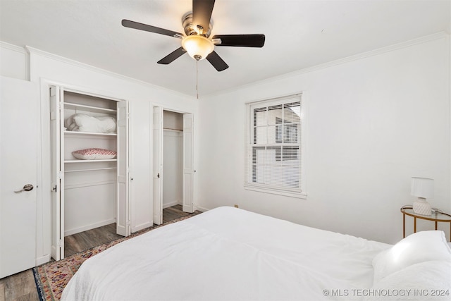 bedroom featuring multiple closets, ceiling fan, crown molding, and dark hardwood / wood-style floors