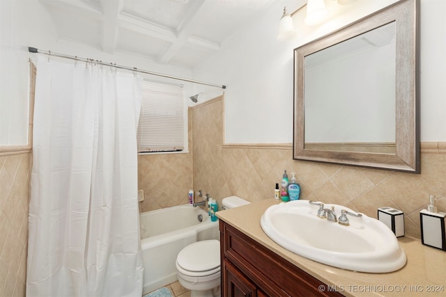 full bathroom featuring vanity, beam ceiling, toilet, and shower / tub combo with curtain