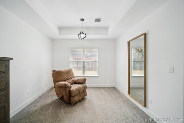 sitting room with carpet floors and a tray ceiling