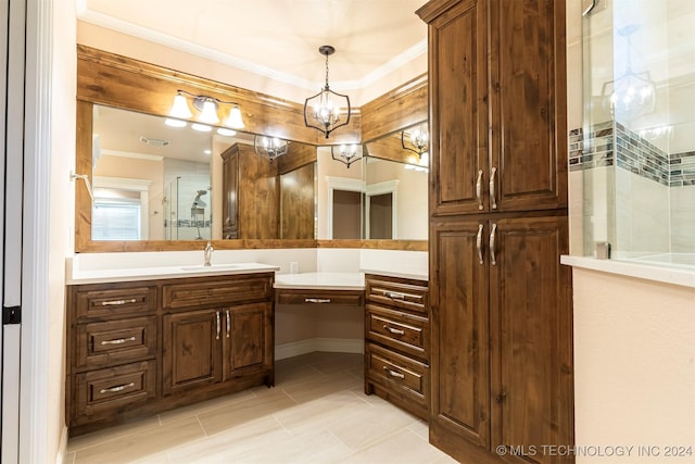 bathroom featuring vanity, crown molding, a shower with shower door, and tile patterned floors