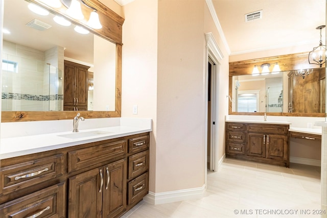 bathroom featuring vanity and a shower with shower door