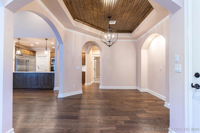 unfurnished dining area with dark hardwood / wood-style floors, sink, wood ceiling, a raised ceiling, and crown molding