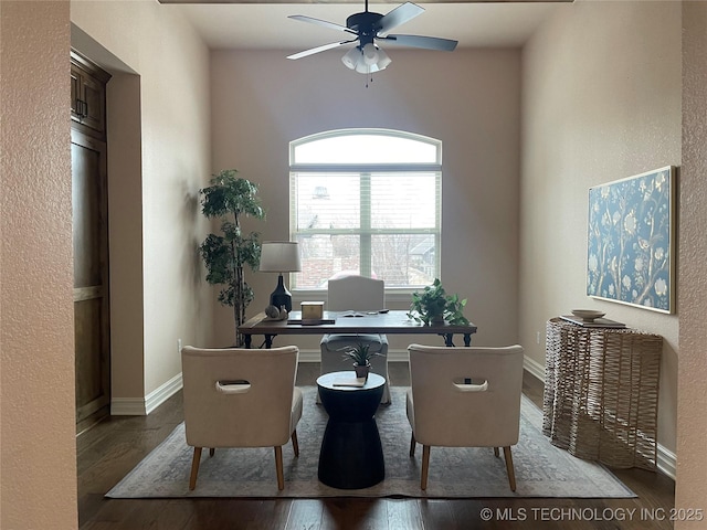 office space featuring hardwood / wood-style flooring and ceiling fan