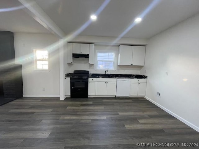 kitchen featuring black stove, dark hardwood / wood-style flooring, sink, dishwasher, and white cabinetry