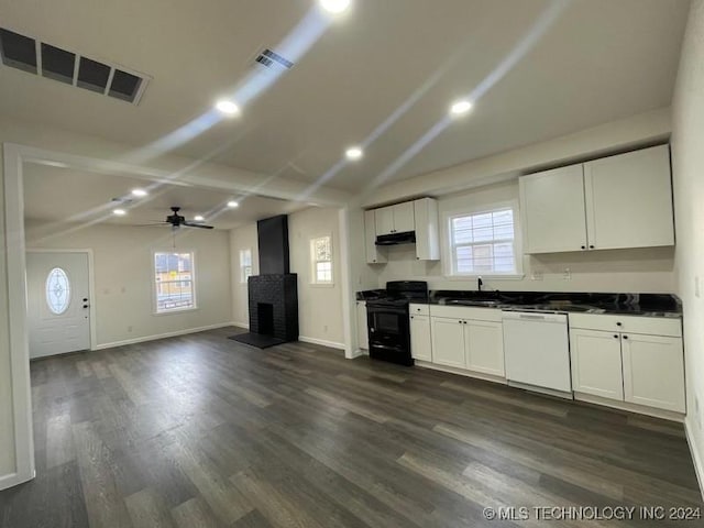 kitchen featuring black stove, white dishwasher, white cabinetry, and ceiling fan