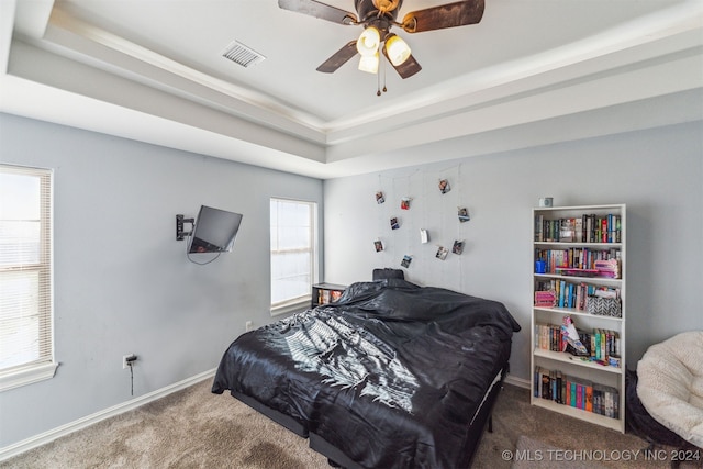 carpeted bedroom with multiple windows, a raised ceiling, and ceiling fan