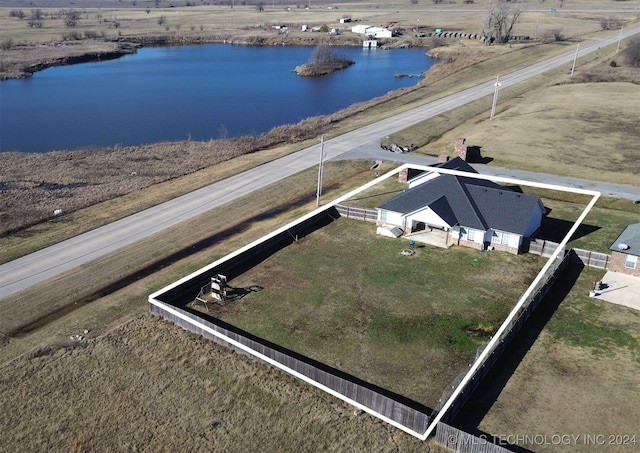 bird's eye view with a water view and a rural view