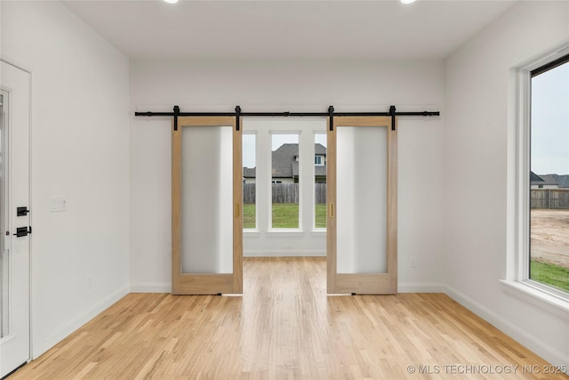 doorway to outside featuring a barn door, a healthy amount of sunlight, and wood finished floors