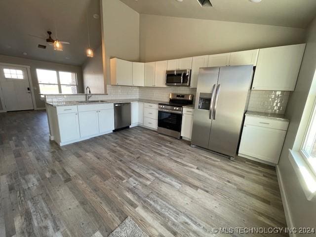 kitchen with high vaulted ceiling, white cabinets, sink, ceiling fan, and appliances with stainless steel finishes