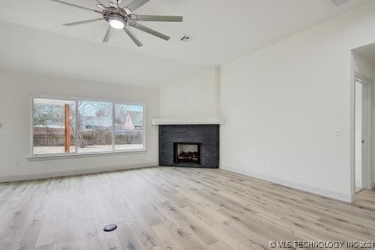 unfurnished living room with ceiling fan and light hardwood / wood-style floors