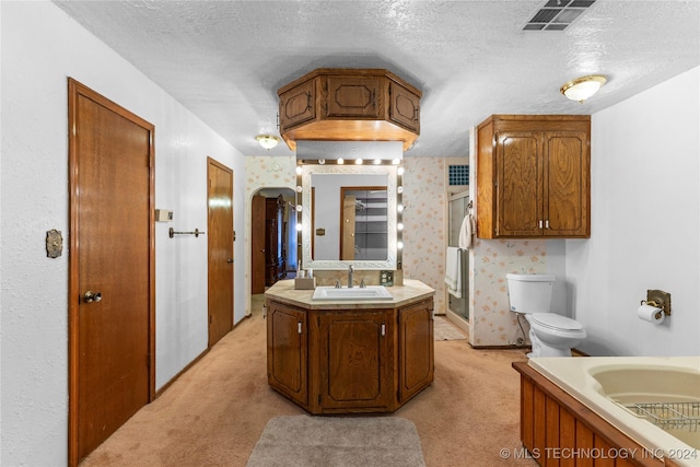 bathroom with vanity, a textured ceiling, and toilet