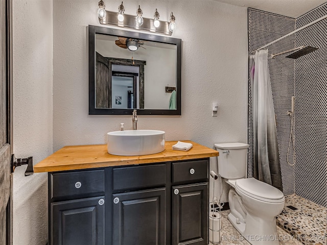 bathroom with toilet, vanity, and walk in shower