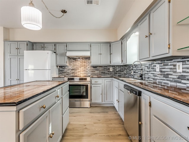 kitchen featuring pendant lighting, gray cabinetry, sink, appliances with stainless steel finishes, and extractor fan