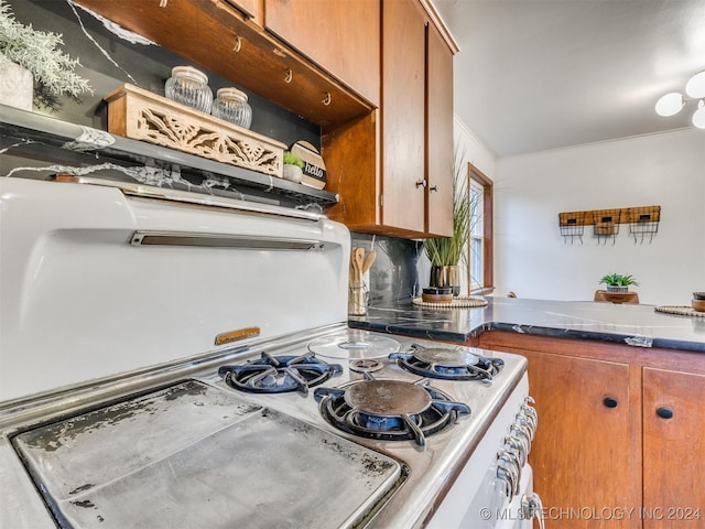 kitchen featuring white gas stove, brown cabinets, and crown molding