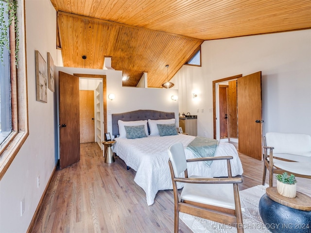 bedroom with lofted ceiling, wood finished floors, and wood ceiling