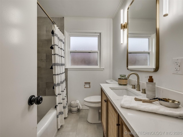 full bathroom featuring shower / bathtub combination with curtain, crown molding, a wealth of natural light, and vanity