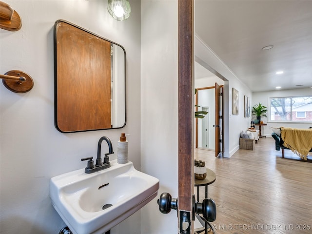 bathroom featuring wood finished floors, a sink, and baseboards